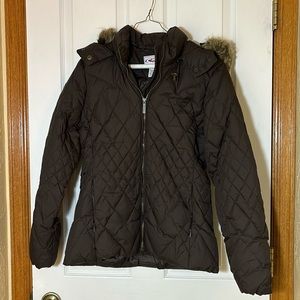 Brown jacket with faux fur hood, size M